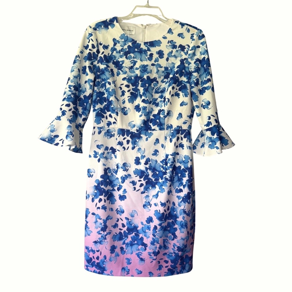 Donna Morgan Blue‎ Floral Ombre Bell Sleeve Sheath Dress Size 8 Pink White Crew